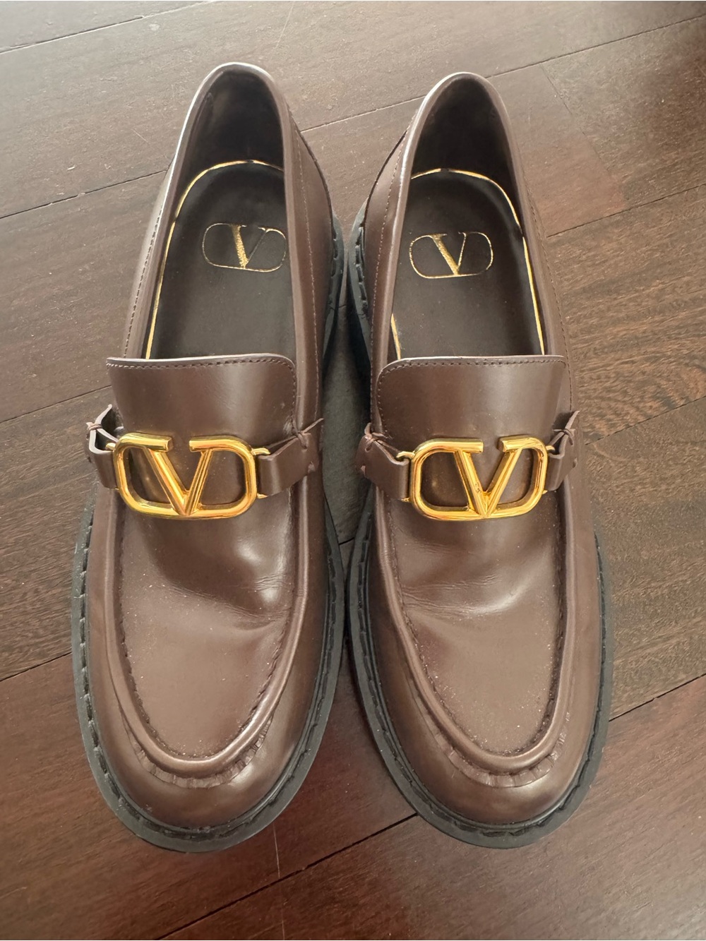 Valentino Brown Leather Loafers with Gold V-Logo